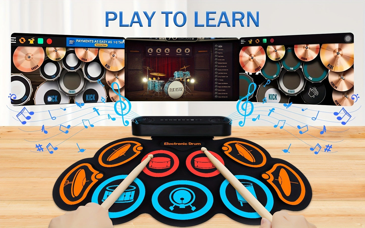 Electronic Drum Set, 9-Pads Roll-Up Electric Drum Pad Kit with Headphone Jack 10Hrs Playtime Built-In Speaker with Drumsticks Pedals, Xmas Birthday Gift for Adults, Student, Colorful detail image - detail view 9