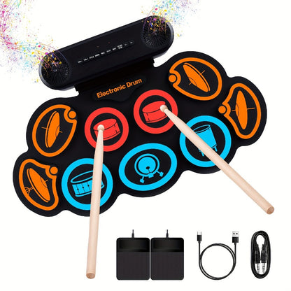 Electronic Drum Set, 9-Pads Roll-Up Electric Drum Pad Kit with Headphone Jack 10Hrs Playtime Built-In Speaker with Drumsticks Pedals, Xmas Birthday Gift for Adults, Student, Colorful product image