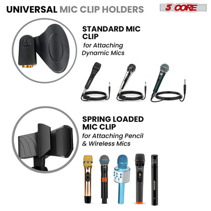 5 Core Microphone Stand Floor 2 Mic Clips Universal Height Adjustable 63" Dual Tripod Mic Stands w Telescoping Boom Arm Foldable Portable