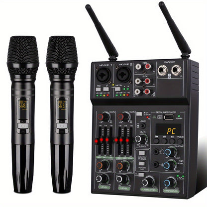 High-Quality 4-Channel Mixer with UHF Wireless Microphone System - Perfect for Music Performance and Karaoke, 48 Phantom Power, Wireless Phone Connectivity for an Exceptional Music Experience