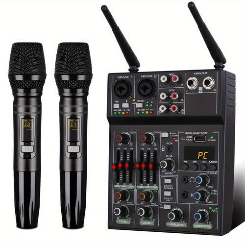 High-Quality 4-Channel Mixer with UHF Wireless Microphone System - Perfect for Music Performance and Karaoke, 48 Phantom Power, Wireless Phone Connectivity for an Exceptional Music Experience