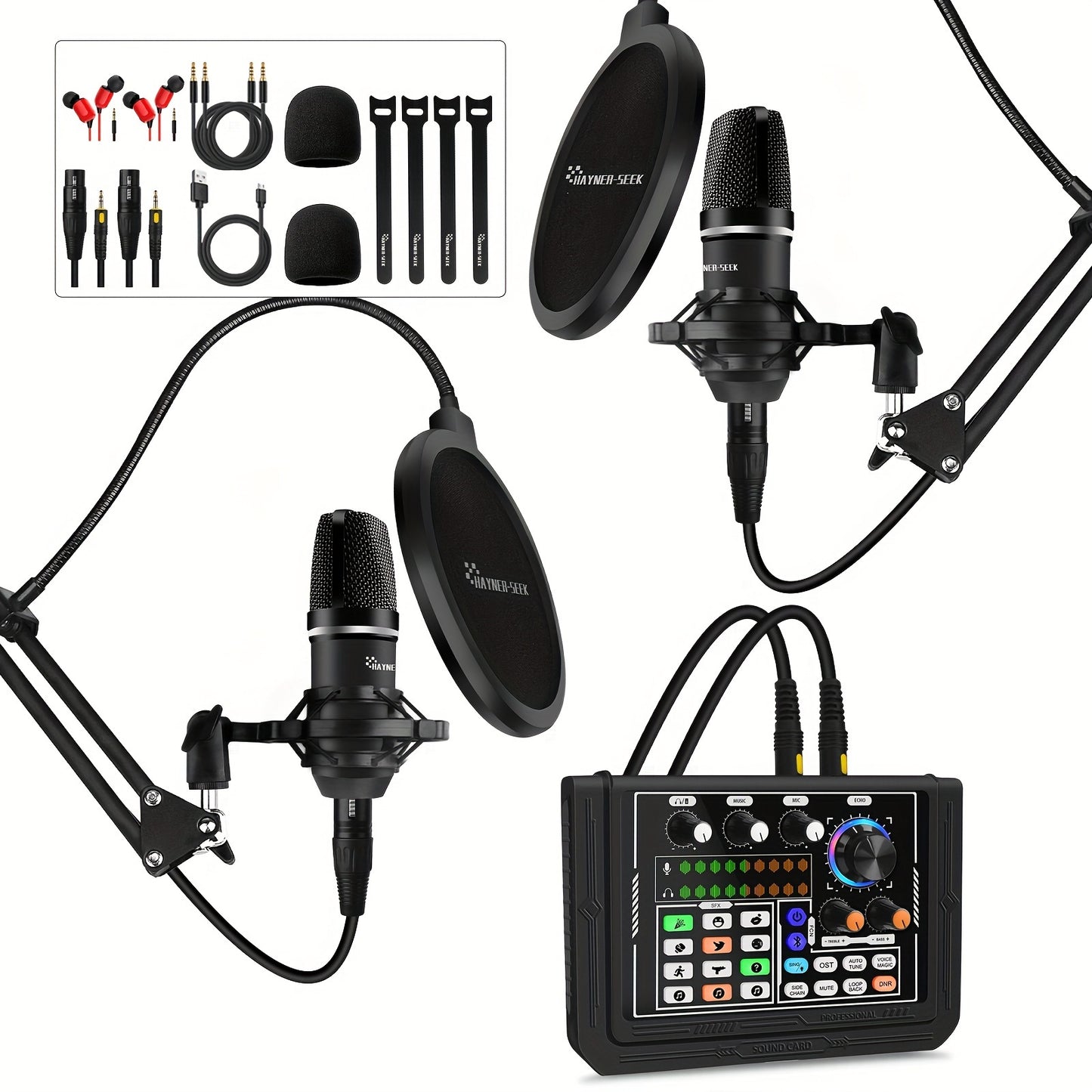 Hayner-Seek Podcast Equipment Bundle For 2 - ALL-IN-ONE Audio Interface With Sound DJ Mixer For Live Streaming/Recording/Gaming - Compatible with Phone/PC/Laptop - For Podcasters & Streamers - Perfect Gift for Content Creators