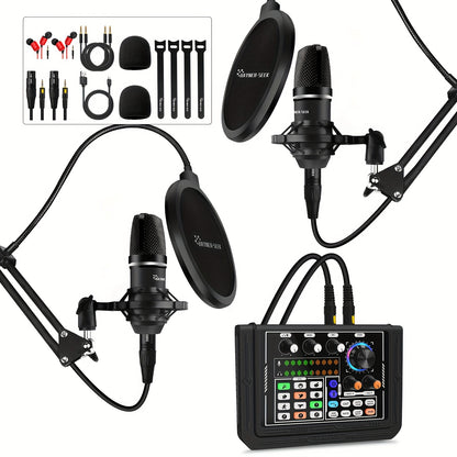 Hayner-Seek Podcast Equipment Bundle For 2 - ALL-IN-ONE Audio Interface With Sound DJ Mixer For Live Streaming/Recording/Gaming - Compatible with Phone/PC/Laptop - For Podcasters & Streamers - Perfect Gift for Content Creators