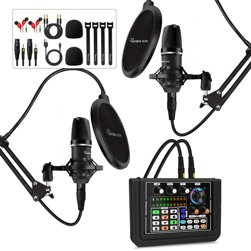 Hayner-Seek Podcast Equipment Bundle For 2 - ALL-IN-ONE Audio Interface With Sound DJ Mixer For Live Streaming/Recording/Gaming - Compatible with Phone/PC/Laptop - For Podcasters & Streamers - Perfect Gift for Content Creators