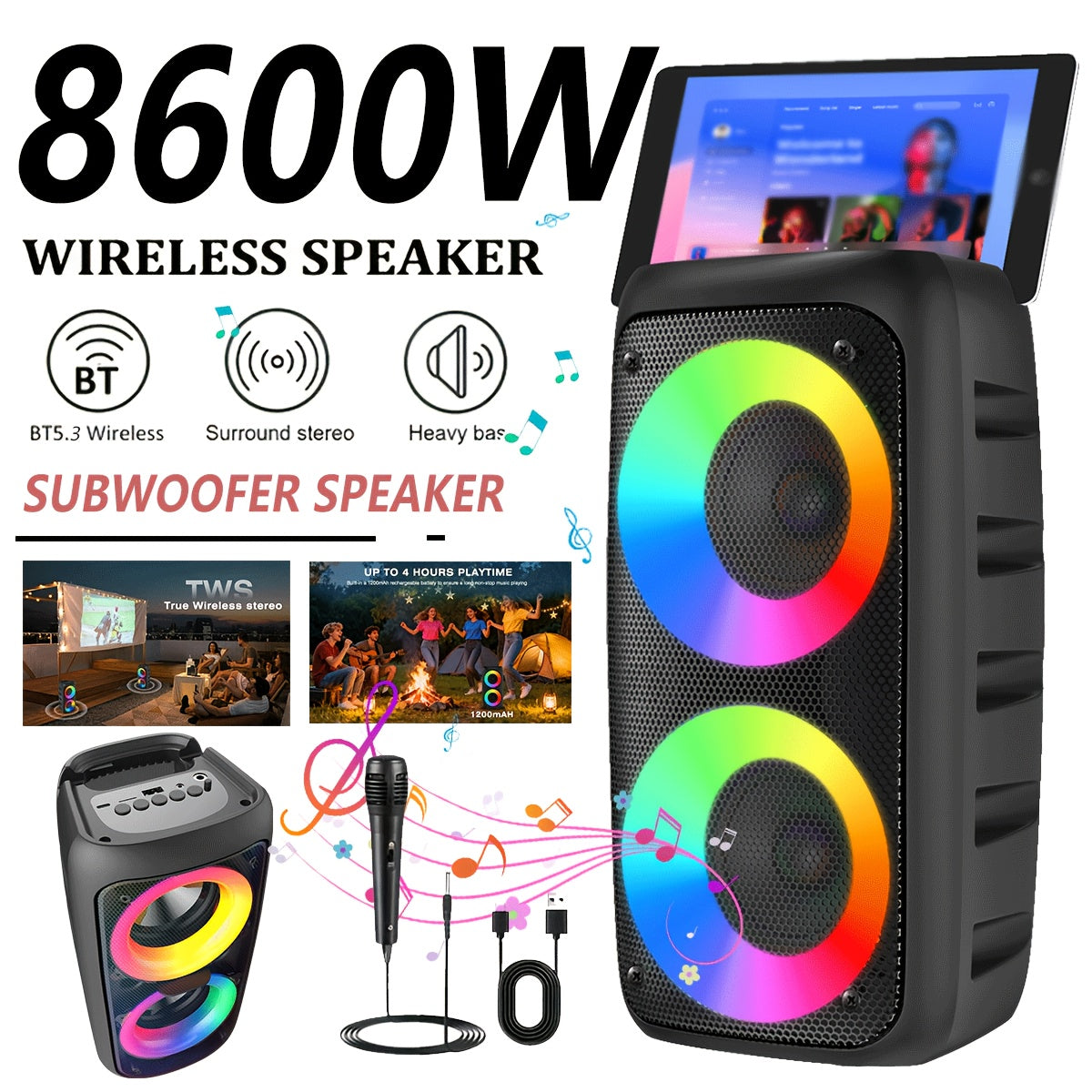 Wireless Speaker Portable Wireless Karaoke Speaker | Sleek, Compact High-Power Subwoofer Speaker with 1200mAh Battery, Supports TF Card & USB, Modern Sound Quality, Christmas Atmosphere, Black ABS Material, Tabletop Mount, Button Control