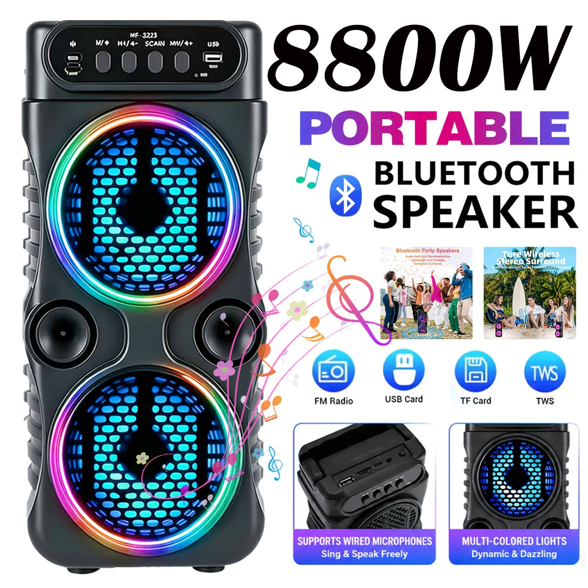 8800W Portable PA Wireless Speaker with RGB Lighting, Compact Subwoofer, And FM Radio; Supports Bt/Tws/Fm/Usb/Tf/Microphone Input; Perfect for House Parties, Holiday Gatherings, And Indoor Music And Dancing; Ideal Gift for JBL