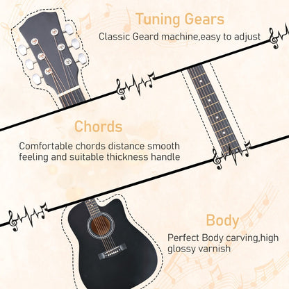 Acoustic Guitar, Black, Full Size, 41-inch, Basswood, Cutaway for Lessons and Practice