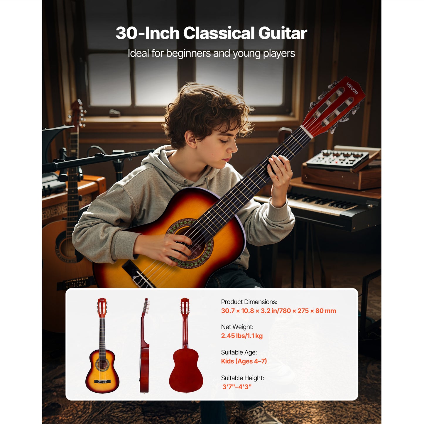 VEVOR Classical Guitar 30 in Guitar Beginner Starter Kit Nylon Strings Sunburst Sunrise Color/Black/Natural Color/Pink