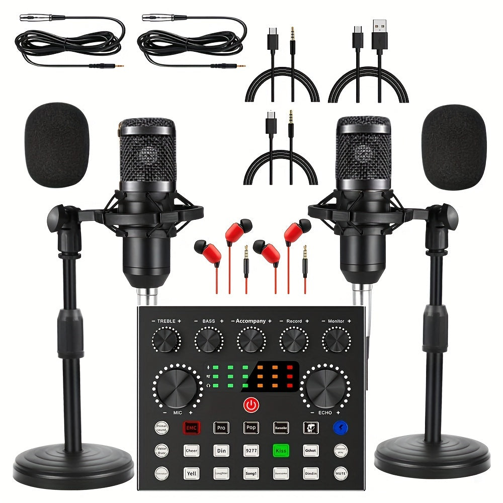 Podcast Equipment Bundle For 2, Wired Microphone, V8s Audio Interface With All In One Live Sound Card And BM800 Condenser Microphone, Podcast Microphone, Perfect For Recording, Live Streaming