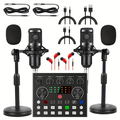Podcast Equipment Bundle For 2, Wired Microphone, V8s Audio Interface With All In One Live Sound Card And BM800 Condenser Microphone, Podcast Microphone, Perfect For Recording, Live Streaming
