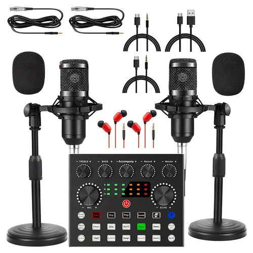 Podcast Equipment Bundle For 2, Wired Microphone, V8s Audio Interface With All In One Live Sound Card And BM800 Condenser Microphone, Podcast Microphone, Perfect For Recording, Live Streaming