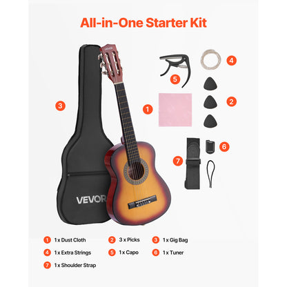 VEVOR Classical Guitar 30 in Guitar Beginner Starter Kit Nylon Strings Sunburst Sunrise Color/Black/Natural Color/Pink