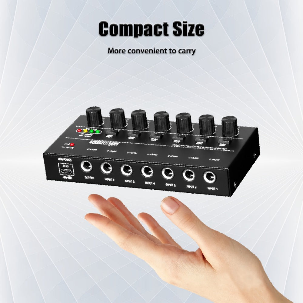 Compact 4/6/8-Channel Stereo Audio Mixer with USB-C Power and Level Controls