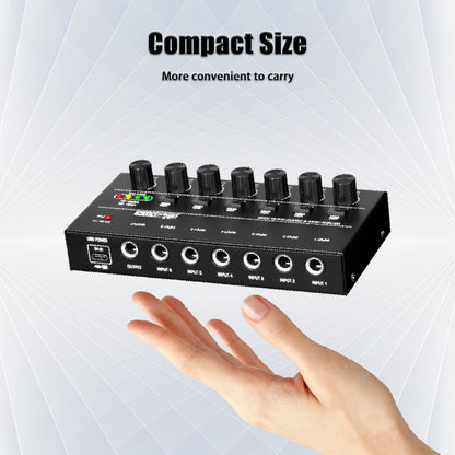 Compact 4/6/8-Channel Stereo Audio Mixer with USB-C Power and Level Controls