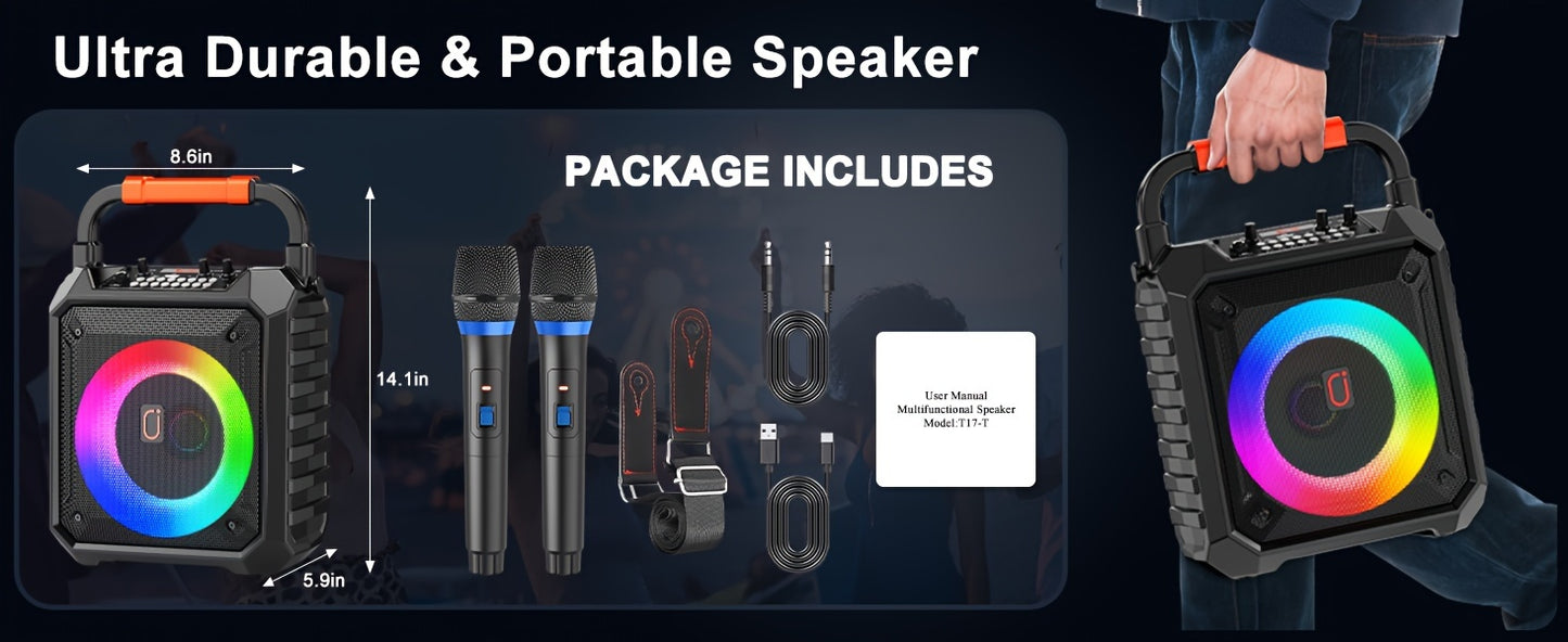 Portable Karaoke Speaker with Two Microphones And DJ Lights, Perfect for Home Parties And Gatherings. This Wireless PA System Supports USB, AUX Input, And Recording