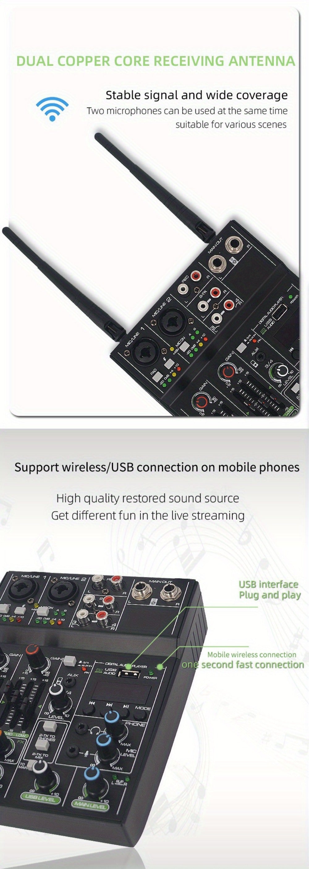Audio Mixer, Wireless, USB, High-Quality, 4-Channel, UHF for Live Sound
