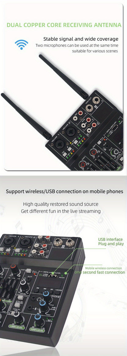 Audio Mixer, Wireless, USB, High-Quality, 4-Channel, UHF for Live Sound