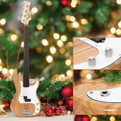 Fretless Electric Bass Guitar Full Size 4 String for Experienced Bass Players Cord Wrench Tool Burlywood with Bass Bag Guitar Strap Amp Wire Spanner Tool Plectrum