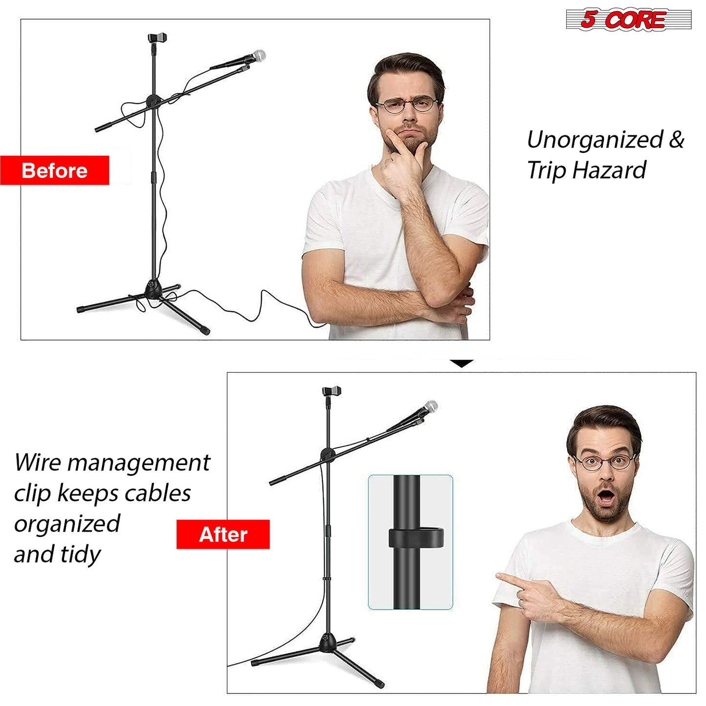 5 Core Microphone Stand Floor 2 Mic Clips Universal Height Adjustable 63" Dual Tripod Mic Stands w Telescoping Boom Arm Foldable Portable