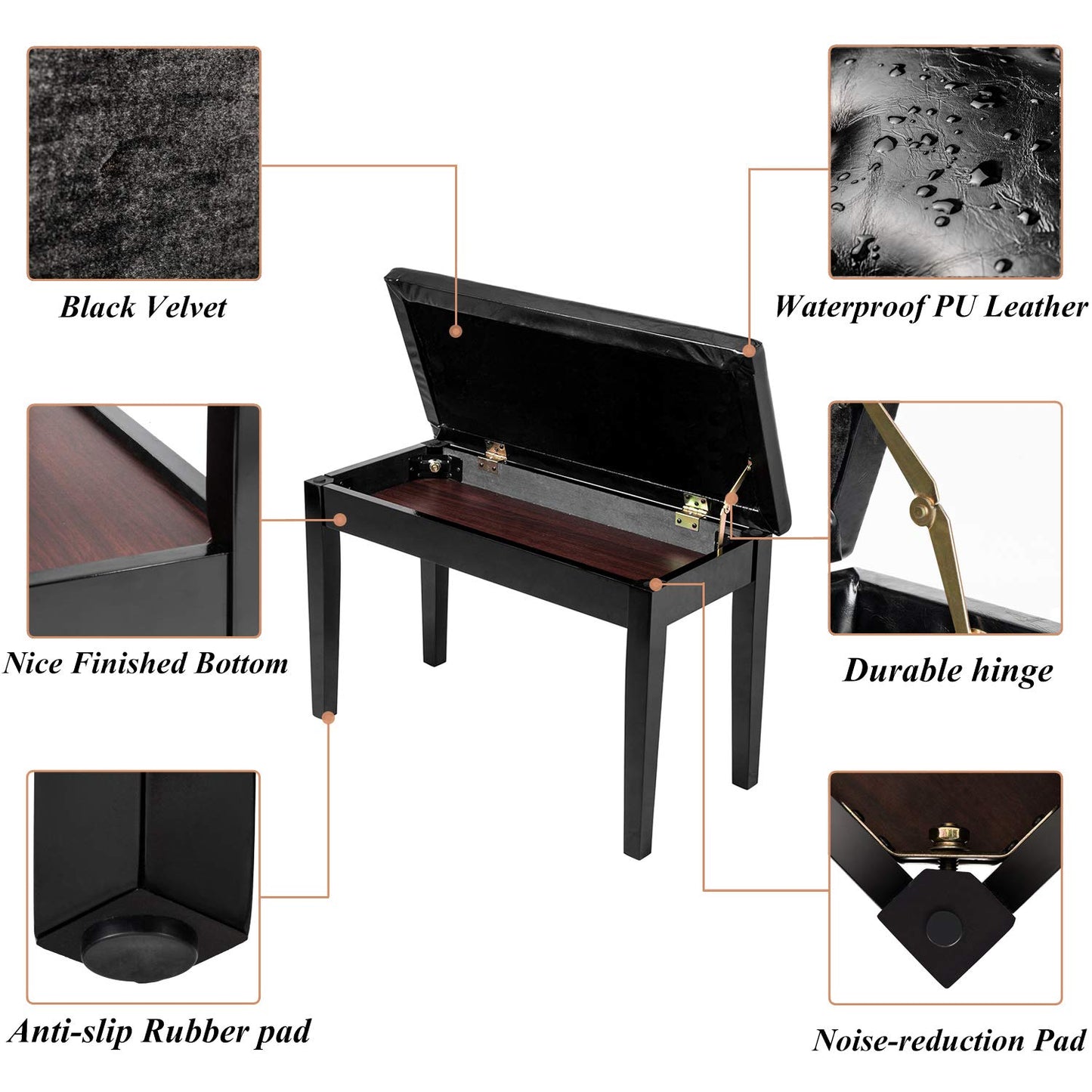 Bonnlo Wooden Double/Duet Piano Bench with Music Book Storage and Thick Cushion Faux Leather Padded Piano Stool Artist Duet Seat