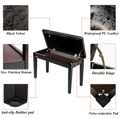 Bonnlo Wooden Double/Duet Piano Bench with Music Book Storage and Thick Cushion Faux Leather Padded Piano Stool Artist Duet Seat