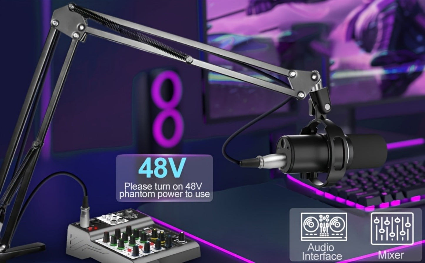 XLR and USB Dynamic Microphone Kit with Noise Control and Boom Arm