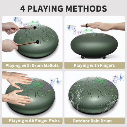 Extra Large 8-Inch 11-Tone Steel Tongue Drum - Outdoor/ Chakra Rain Drum with Drum Bag, Mallets, Music Book, Stickers & Mallet Holder - Rustproof Hand-Playable Instrument Suitable for Meditation, Yoga,, for Ages (Green)