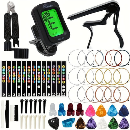 A Set of 53pcs for Acoustic Guitar, Featuring Strings, a Tuner, a Capo, a 3-In-1 Restring Tool, Picks, a Pick Holder, Bridge Pins, Nuts, Saddles, And Finger Picks