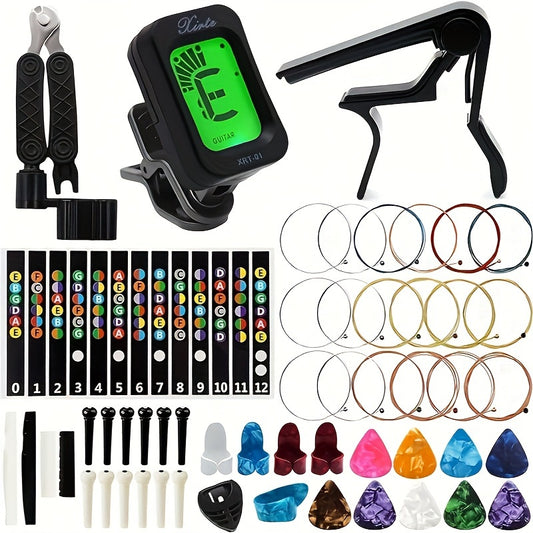 A Set of 53pcs for Acoustic Guitar, Featuring Strings, a Tuner, a Capo, a 3-In-1 Restring Tool, Picks, a Pick Holder, Bridge Pins, Nuts, Saddles, And Finger Picks