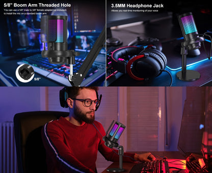 Recording Microphone, USB, RGB, USB-C, Computers, Ideal for Recording and Streaming