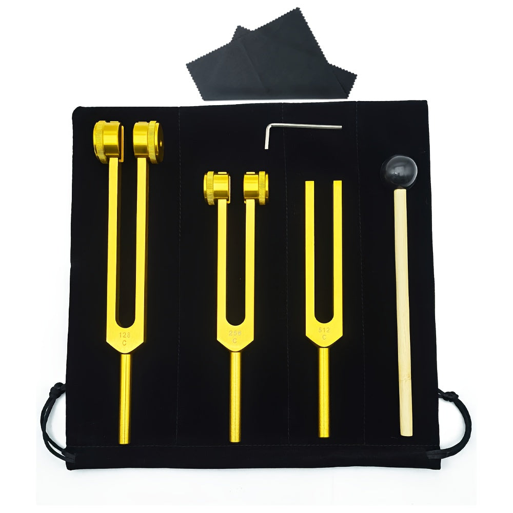 Chakra Healing Tuning Fork Set - (128Hz, 256Hz, 512Hz) Aluminum Alloy Neural Tuner - Suitable for Sound, Instrument, Vibration, Including Accessories And Velvet Bag, Item Weight, Silvery