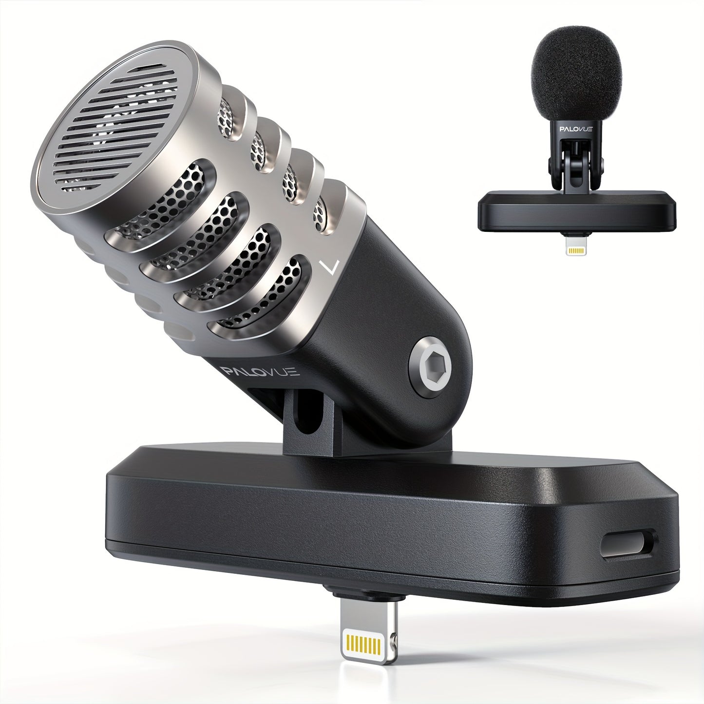 PALOVUE MFi Certified Portable Microphone with Lightning Connector for iPhone/iPad - Professional Stereo Condenser Mic with Charging Port & 3.5mm Headphone Jack, Ideal for Recording & Live Streaming, Cardioid, Digital