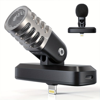 PALOVUE MFi Certified Portable Microphone with Lightning Connector for iPhone/iPad - Professional Stereo Condenser Mic with Charging Port & 3.5mm Headphone Jack, Ideal for Recording & Live Streaming, Cardioid, Digital