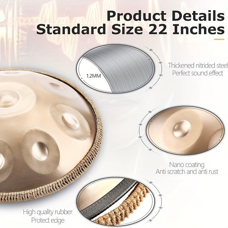 22-Inch D Minor Kurd Handpan Drum, 440Hz with 9 Notes, a High-Quality Steel Hand Drum Designed for Musical Meditation. It Comes with a Drum , a Dust-Free Cloth, Mallets, a Stand, And Sound Stickers, Making It Suitable for Beginners And Adults Alike