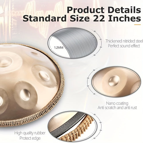 22-Inch D Minor Kurd Handpan Drum, 440Hz with 9 Notes, a High-Quality Steel Hand Drum Designed for Musical Meditation. It Comes with a Drum , a Dust-Free Cloth, Mallets, a Stand, And Sound Stickers, Making It Suitable for Beginners And Adults Alike