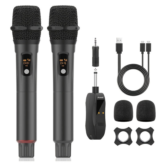 Rechargeable Wireless Microphones, Aveek Karaoke Handheld Microphone with Receiver, Microphones for Singing, Karaoke Machines, DJ, Party, Church, Wedding, Speech Wireless Microphones for Karaoke