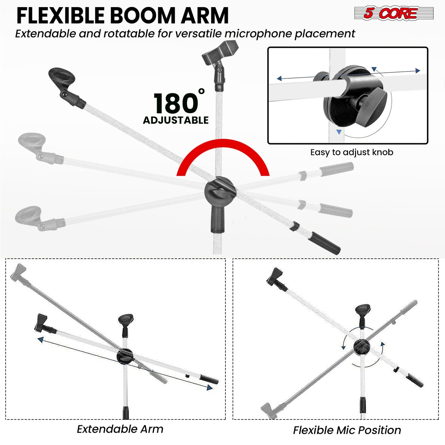 5 Core Microphone Stand Floor 2 Mic Clips Universal Height Adjustable 63" Dual Tripod Mic Stands w Telescoping Boom Arm Foldable Portable