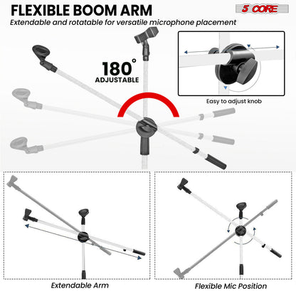 5 Core Microphone Stand Floor 2 Mic Clips Universal Height Adjustable 63" Dual Tripod Mic Stands w Telescoping Boom Arm Foldable Portable