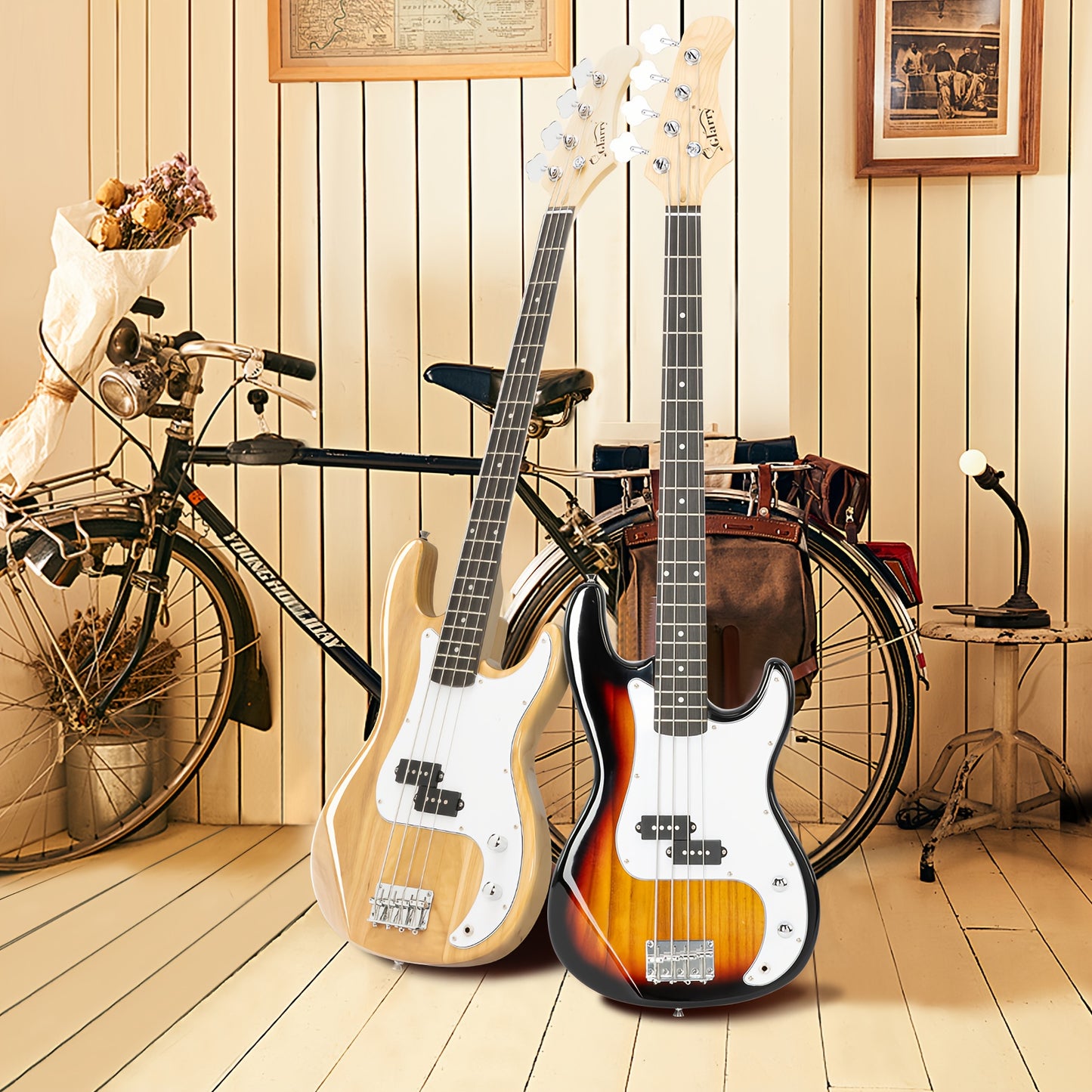 Glarry Electric Bass Guitar Kit, Full Size 4 String Stylish Exquisite Burning Bass, with Wrench Tool, Carrying Bag, Belt, Plectrum, for Beginner, All Experiance Level, Gift for Music Lover, Birthday Gift
