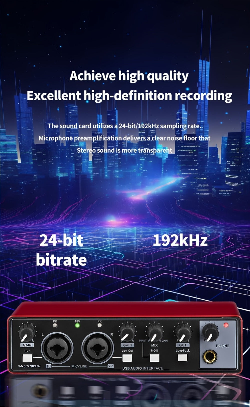 2-Channel USB Audio Interface, 24-Bit/192kHz with 48V Phantom Power