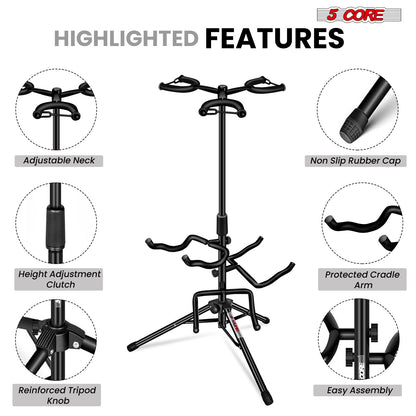5 Core Guitar Stand Adjustable Triple Guitars Stands Floor w Neck Holder Universal Supports for Acoustic Electric Classic Bass Instrument Folding Portable Black - GSH 3N1