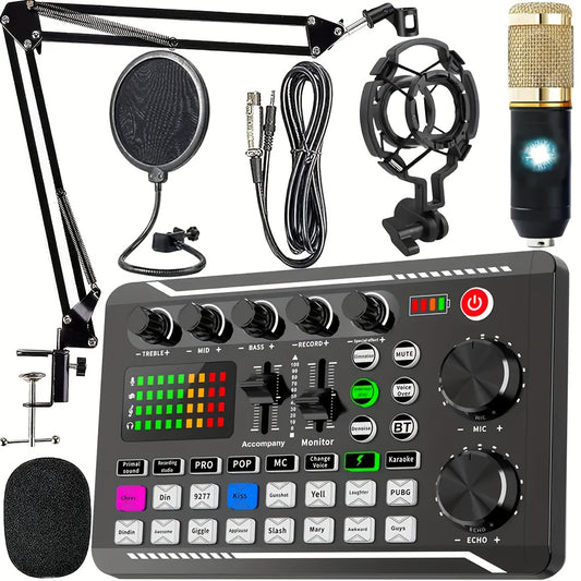 Podcast Microphone Bundle, BM-800Condenser Mic with Live Sound Card KitPodcast Equipment Bundle with Voice Changerand Mixer Functions for Pc Smartphone StudioRecording & Broadcasting