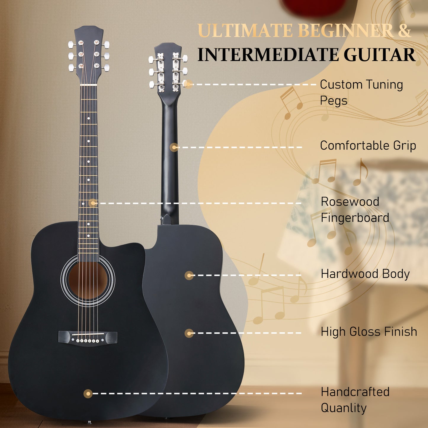 30-Inch Basswood Cutaway Basswood Acoustic Folk Guitar, Matte Black/ Gloss End