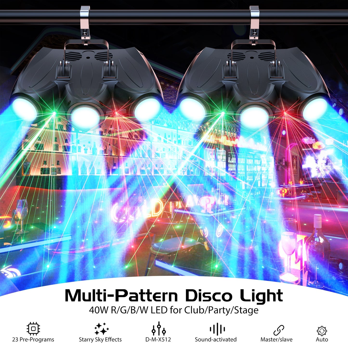 [Ideal For DJ Parties] 40W LED Laser RGBW Stage Light With 23 Programmable Dynamic Effects And Starlight Show Controlled By Auto And Sound-Activated DMX With Adjustable Speed/Sensitivity Ideal For DJ Parties/Ktv/Home