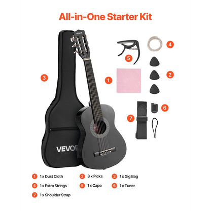 Acoustic Guitar, Black, VEVOR, Classical, Beginner for Lessons and Practice