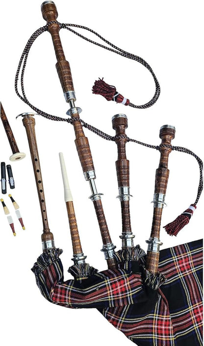 HAAUR TRADERS Scottish Bagpipe Rosewood Royal Stewart Tartan Natural Color with Silver Plain Mounts Free Tutor Book, Carrying Bag, Drone, Reeds