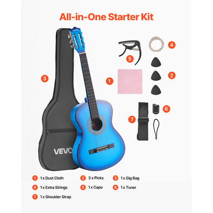 VEVOR Classical Guitar 38 in Guitar Beginner Starter Kit Nylon Strings Black/Natural Color/Blue/Pink/Sunrise Color