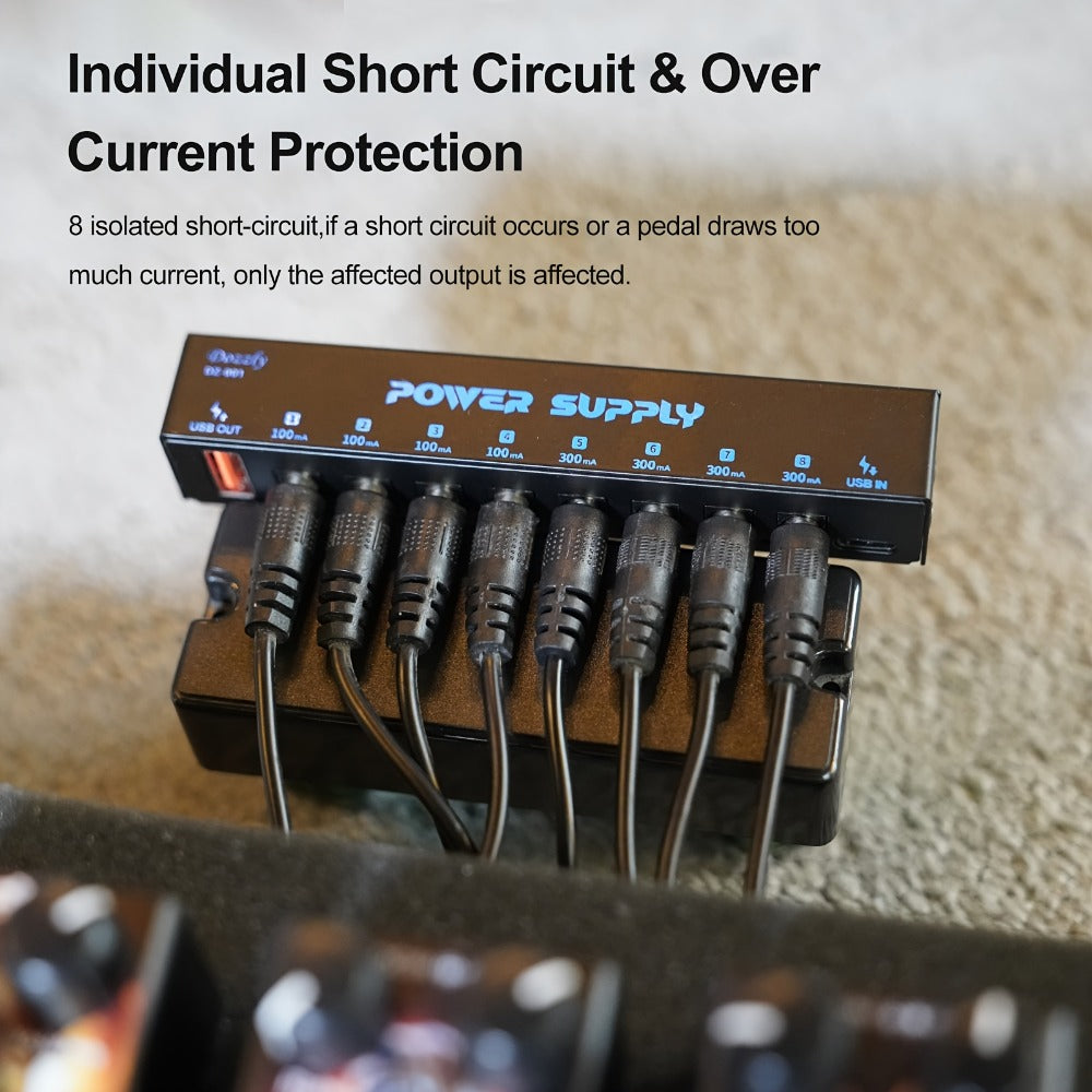 Guitar Pedal Power Supply, USB-C, 9V, 8-Way, Type for Powering Guitar Effects Pedals