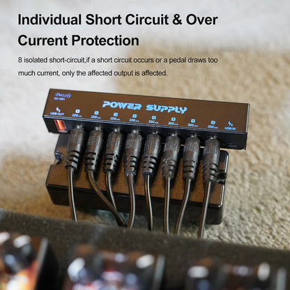 Guitar Pedal Power Supply, USB-C, 9V, 8-Way, Type for Powering Guitar Effects Pedals