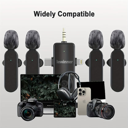 Lewinner Wireless Lavalier Microphone, Includes Windproof Foam Cover, Clip-on Microphone, Wireless Microphone for Vlogging, Suitable for iPhone, Android Phones, Computers, Cameras